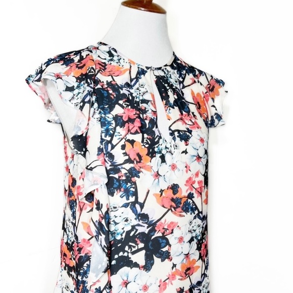 Parker Asymmetrical Ruffled White Colorful Floral Print Sleeveless Dress - Picture 3 of 12